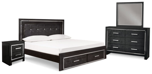 Kaydell King Upholstered Panel Bed, Dresser, Mirror and Nightstand