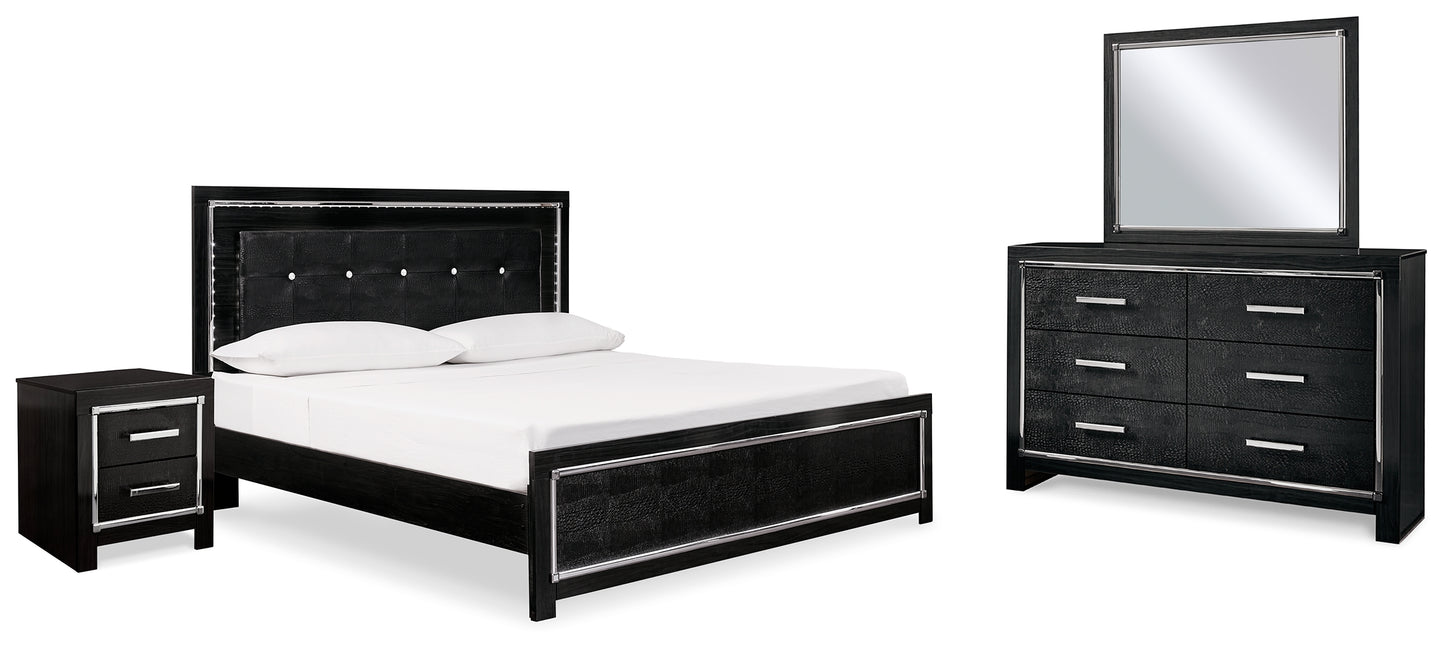 Kaydell King Upholstered Panel Bed, Dresser, Mirror, and Nightstand