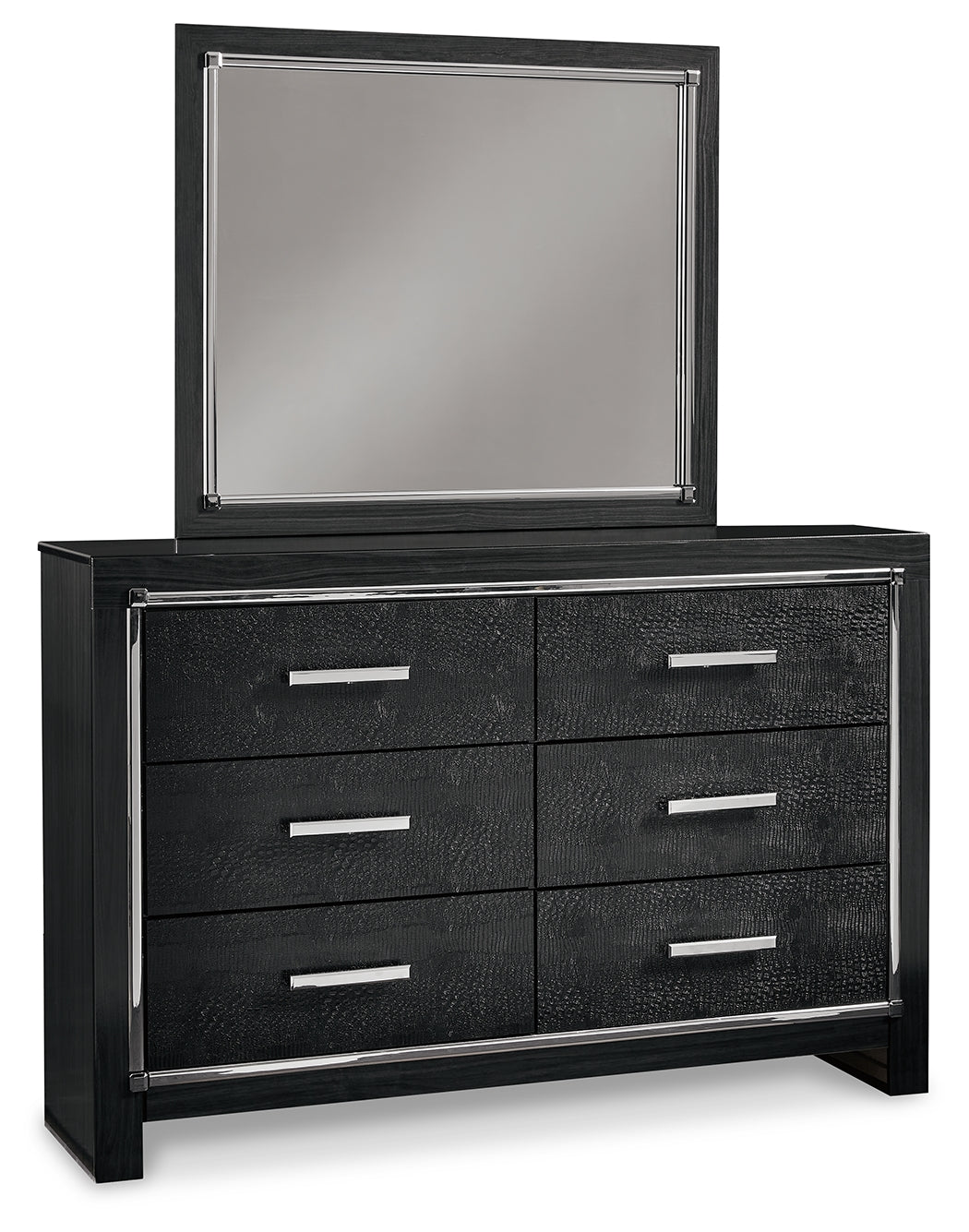 Kaydell King Upholstered Panel Bed, Dresser, Mirror, and Nightstand