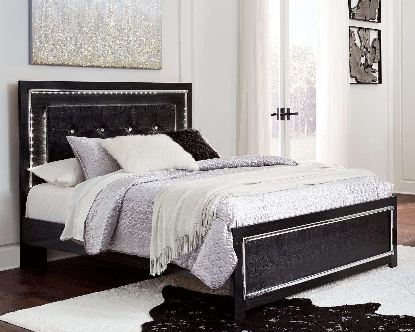 Kaydell Queen Upholstered Panel Bed, Dresser, Mirror and Chest