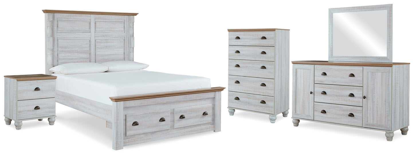 Haven Bay Queen Panel Storage Bed, Dresser, Mirror, Chest and Nightstand