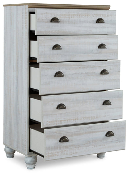 Haven Bay Queen Panel Storage Bed, Dresser, Mirror, Chest and 2 Nightstands