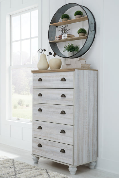 Haven Bay Queen Panel Storage Bed, Dresser, Mirror, Chest and Nightstand