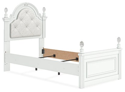 Kozlani Twin Upholstered Panel Bed, Dresser and Mirror