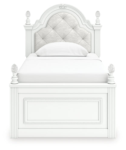 Kozlani Twin Upholstered Panel Bed, Dresser and Mirror