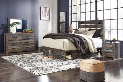 Drystan King Panel Bed with Storage, Dresser, Mirror and Nightstand