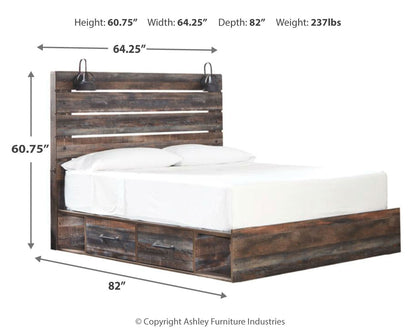 Drystan King Panel Bed with Storage, Dresser, Mirror and Nightstand