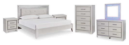 Zyniden Queen Upholstered Panel Bed, Dresser, Mirror, Chest and 2 Nightstands