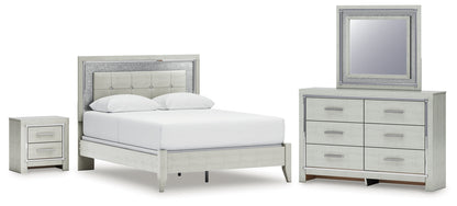 Zyniden Queen Upholstered Panel Bed, Dresser, Mirror and Nightstand