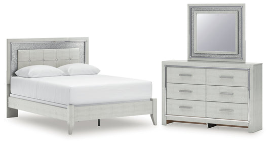 Zyniden Queen Upholstered Panel Bed, Dresser and Mirror