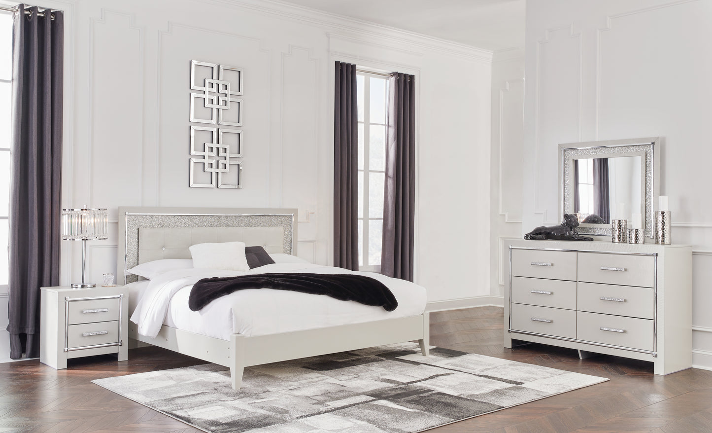 Zyniden King Upholstered Panel Bed, Dresser, Mirror and Nightstand