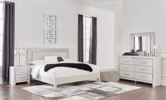 Zyniden King Upholstered Panel Bed, Dresser, Mirror and Nightstand