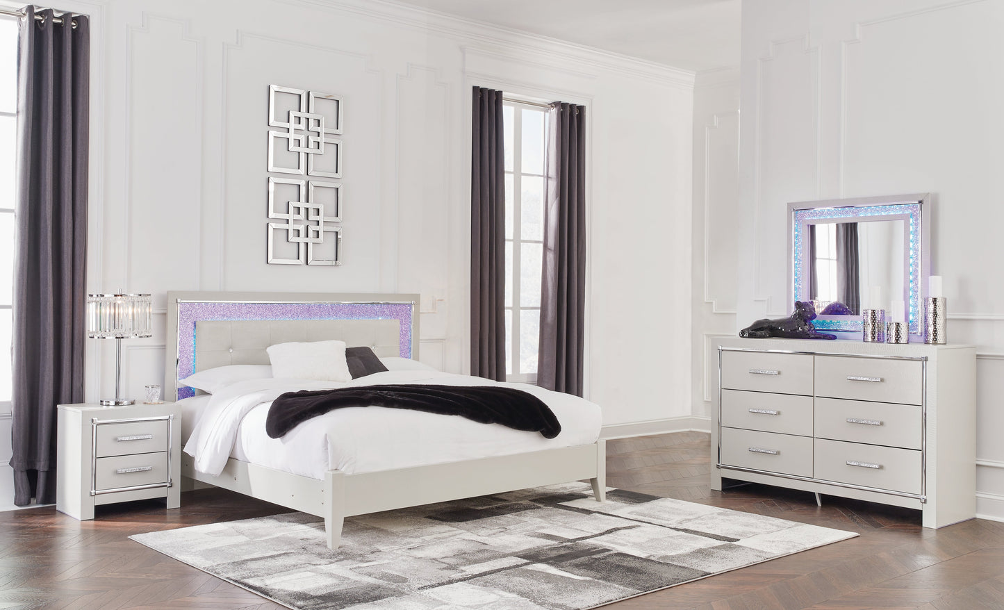 Zyniden King Upholstered Panel Bed, Dresser, Mirror and Nightstand