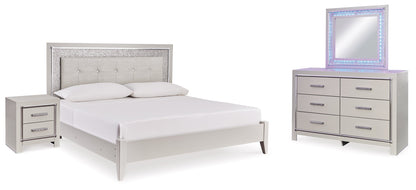 Zyniden King Upholstered Panel Bed, Dresser, Mirror and Nightstand