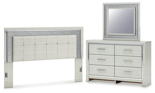 Zyniden King Upholstered Panel Headboard, Dresser and Mirror