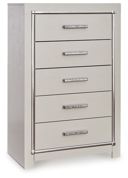 Zyniden King Upholstered Panel Bed, Dresser, Mirror, Chest and Nightstand