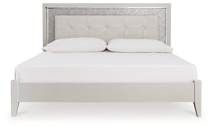 Zyniden King Upholstered Panel Bed, Dresser, Mirror and Nightstand