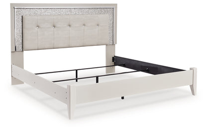 Zyniden King Upholstered Panel Bed, Dresser, Mirror and Nightstand