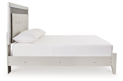 Zyniden King Upholstered Panel Bed, Dresser, Mirror and Nightstand