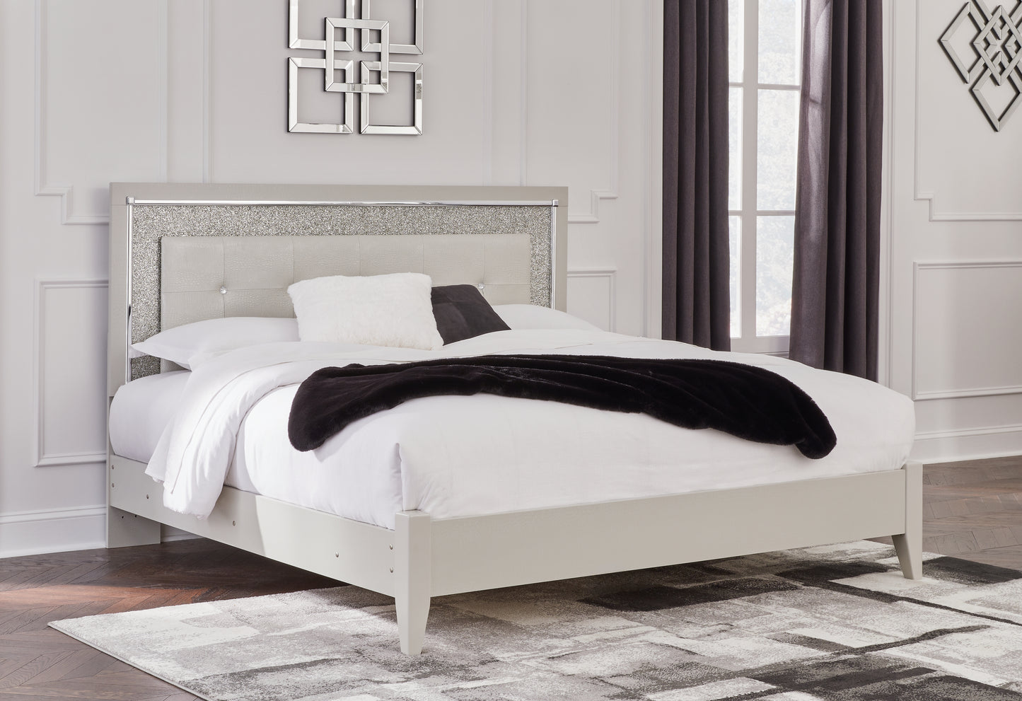 Zyniden King Upholstered Panel Bed, Dresser and Mirror