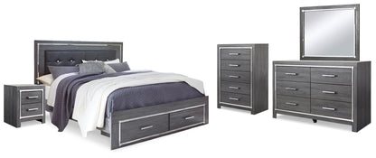 Lodanna King Upholstered Storage Bed, Dresser, Mirror, Chest and Nightstand