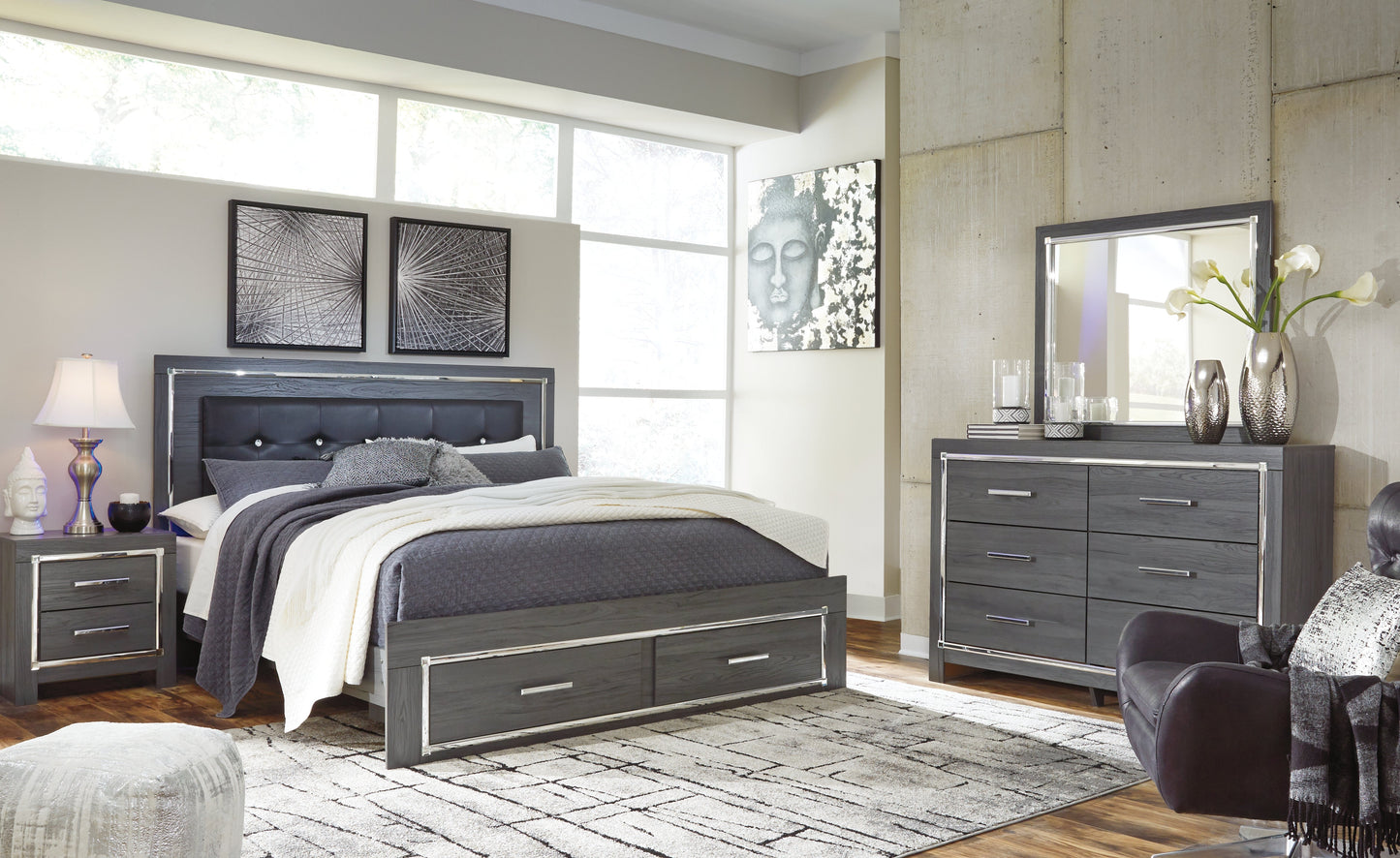 Lodanna King Panel Storage Bed with Mirrored Dresser and Nightstand