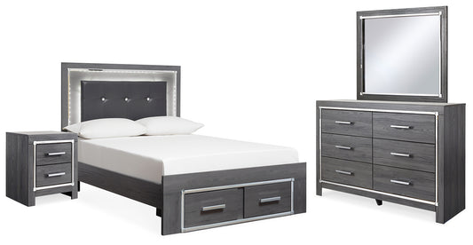 Lodanna Full Upholstered Panel Storage Bed, Dresser, Mirror, and Nightstand