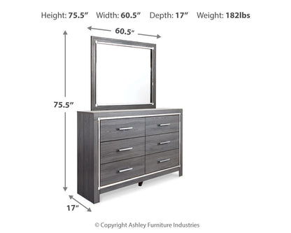 Lodanna King Upholstered Panel Headboard, Dresser, Mirror, and Nightstand