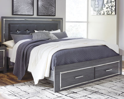 Lodanna King Upholstered Storage Bed, Dresser, Mirror, and Nightstand