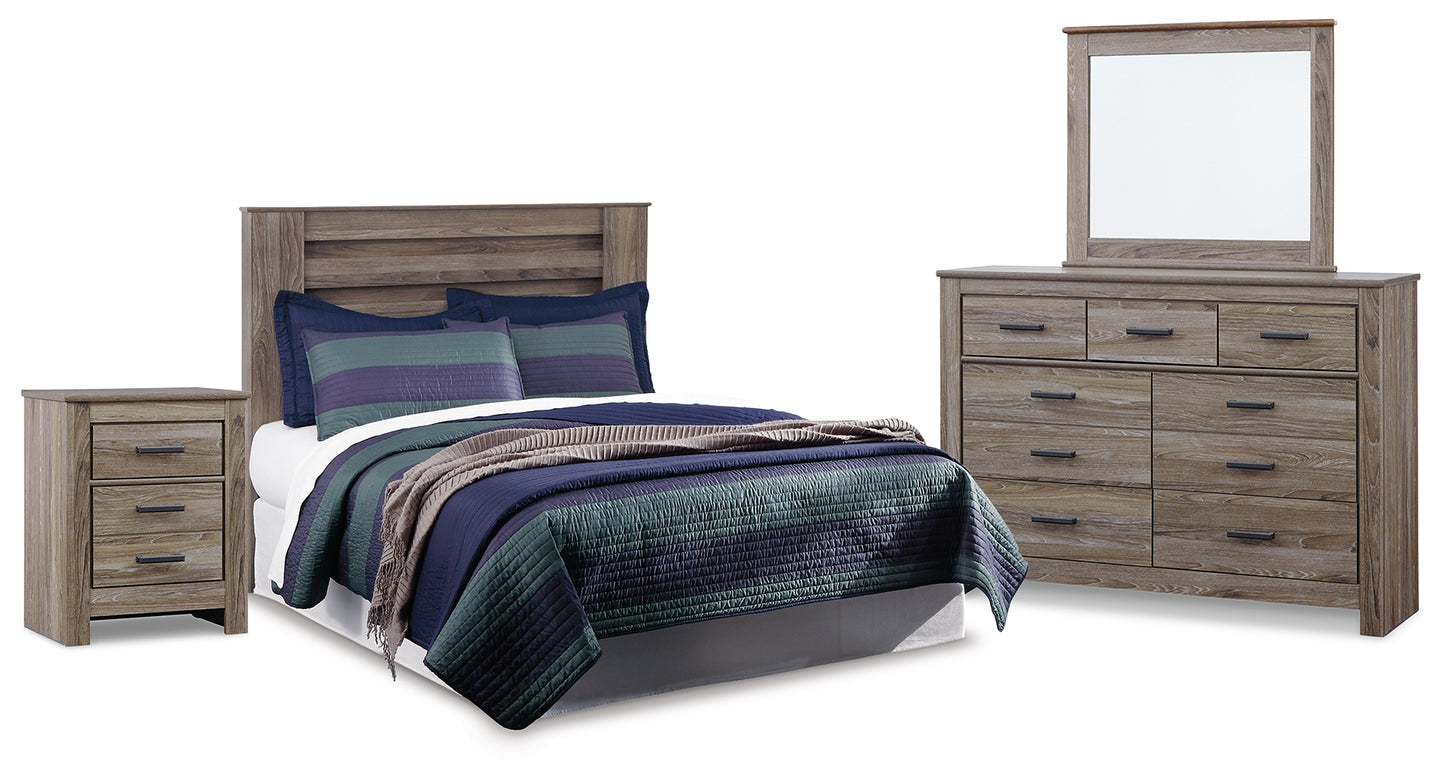 Zelen Queen Panel Headboard Bed with Mirrored Dresser and Nightstand