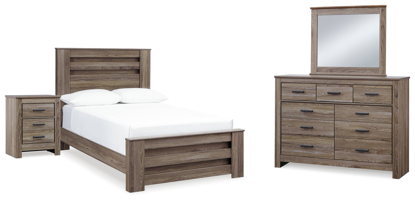 Zelen Full Panel Bed, Dresser, Mirror, and Nightstand