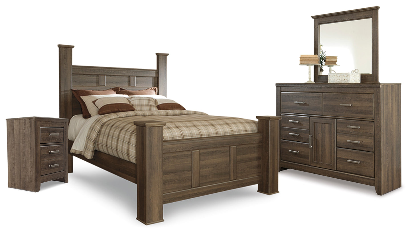 Juararo Queen Poster Bed with Mirrored Dresser and Nightstand