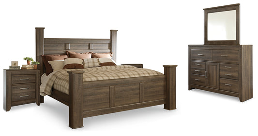 Juararo California King Poster Bed, Dresser, Mirror and 2 Nightstands