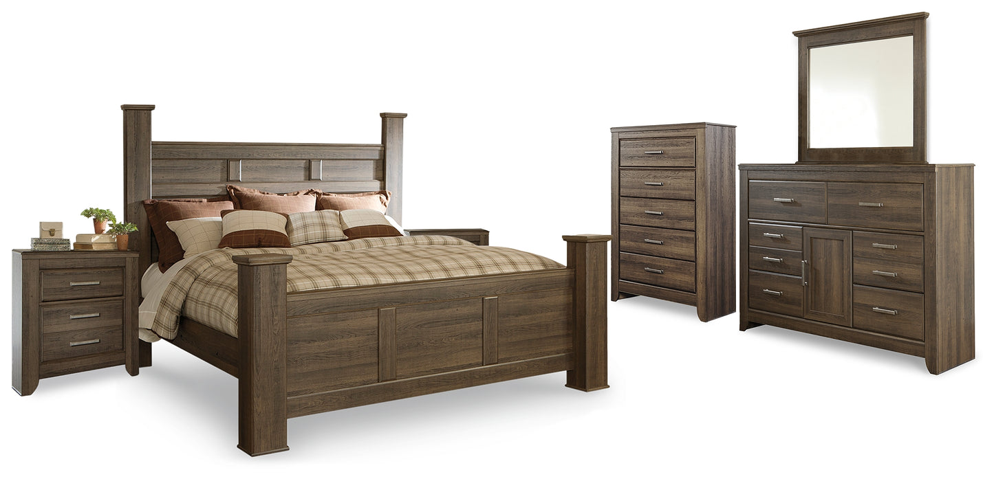 Juararo King Poster Bed, Dresser, Mirror, Chest and 2 Nightstands