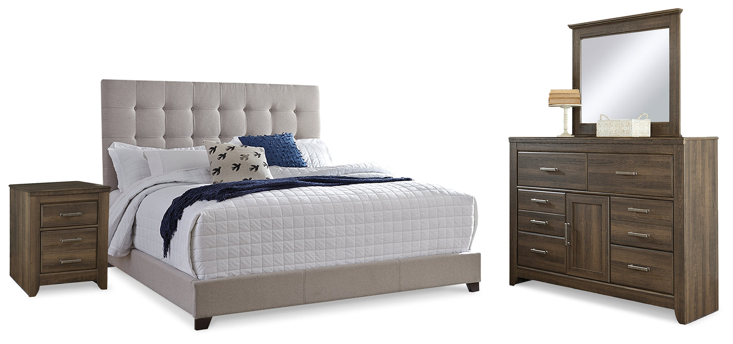 Dolante Queen Upholstered Bed, Dresser, Mirror and Nightstand