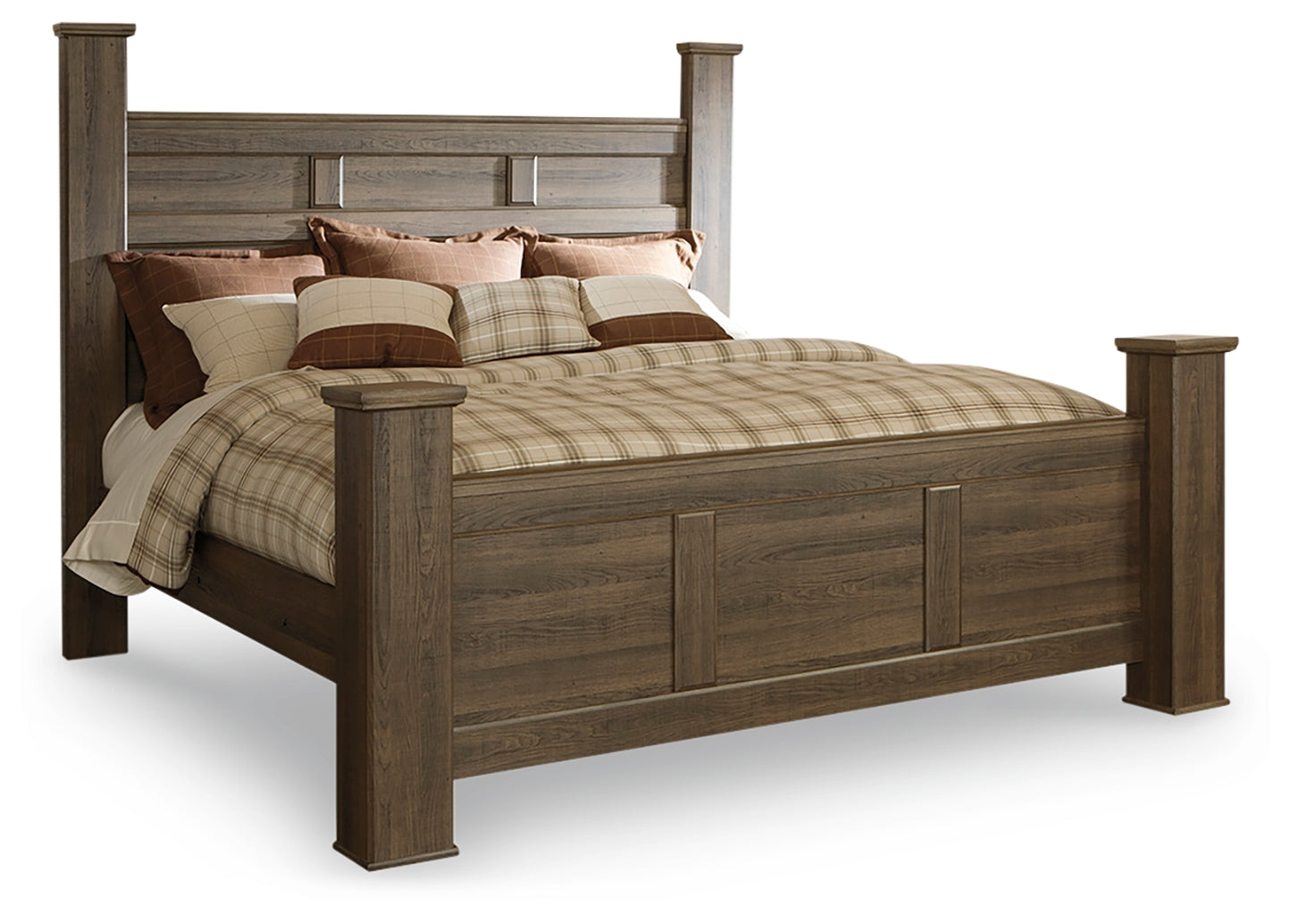 Juararo California King Poster Bed, Dresser, Mirror and 2 Nightstands