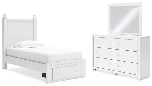 Mollviney Twin Panel Storage Bed, Dresser and Mirror