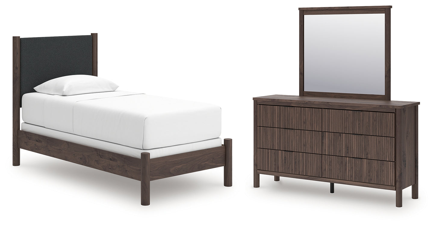 Pamytta Twin Upholstered Panel Bed, Dresser and Mirror