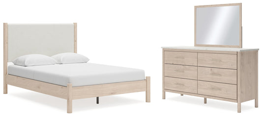 Cadmori Queen Upholstered Panel Bed, Dresser and Mirror