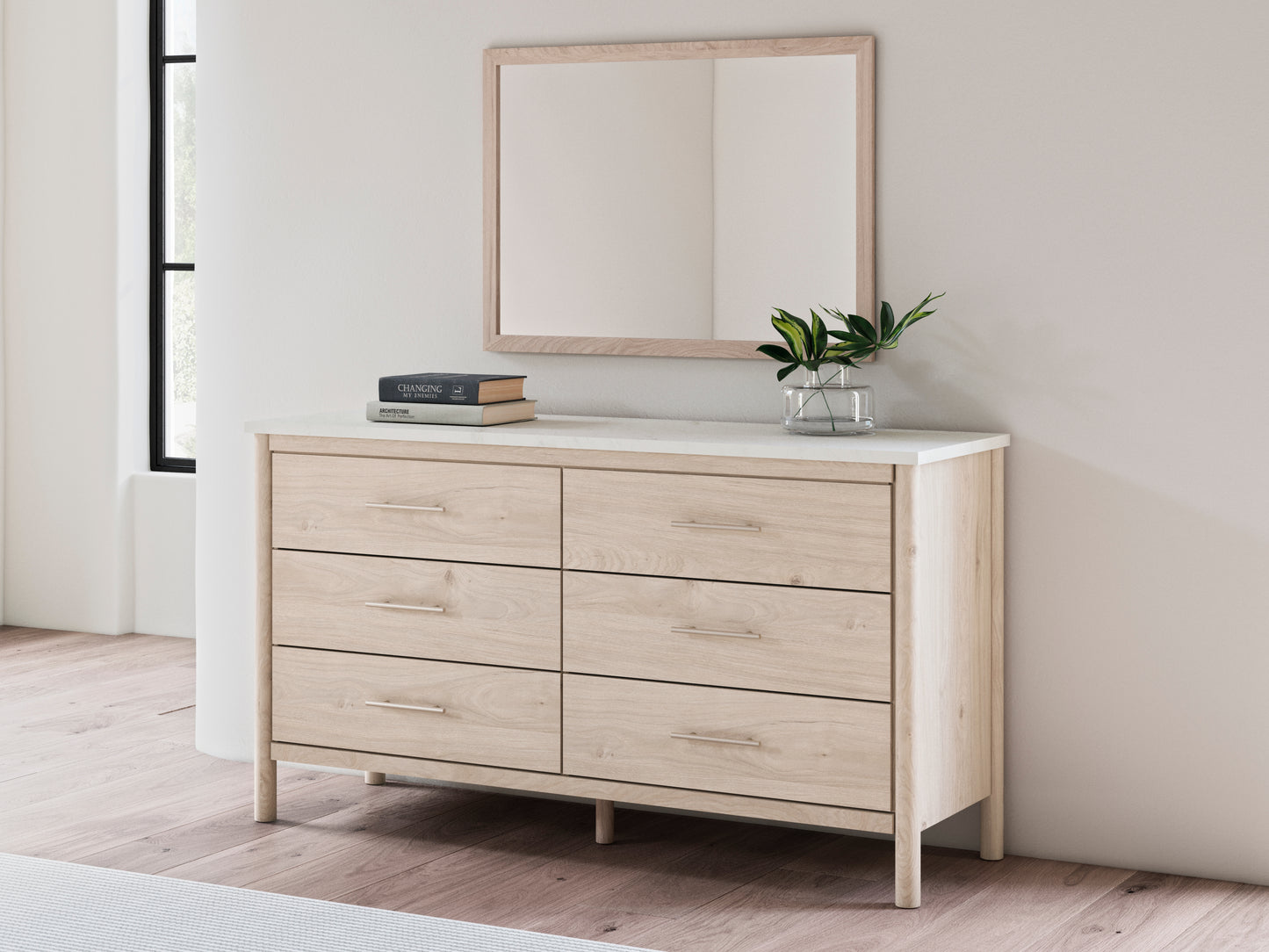 Cadmori Full Upholstered Panel Bed, Dresser and Mirror