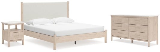 Cadmori King Upholstered Panel Bed, Dresser and Nightstand