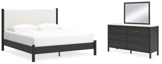 Cadmori King Upholstered Panel Bed, Dresser and Mirror