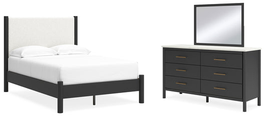 Cadmori Full Upholstered Panel Bed, Dresser and Mirror