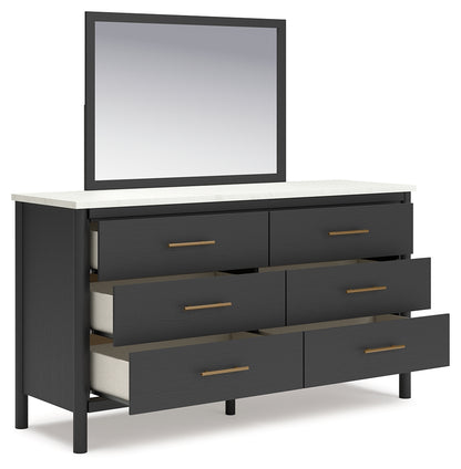 Cadmori King Upholstered Panel Bed, Dresser and Mirror