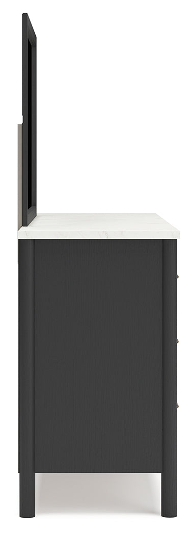 Cadmori King Upholstered Panel Bed, Dresser and Mirror