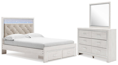 Altyra Queen Upholstered Panel Storage Bed, Dresser and Mirror