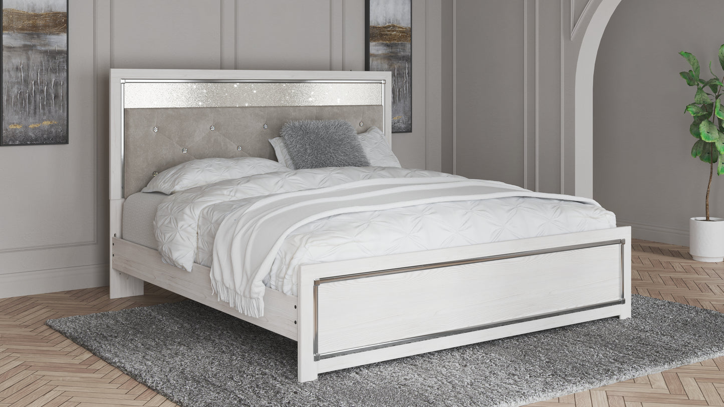 Altyra King Upholstered Panel Bed, Dresser, Mirror, and Nightstand