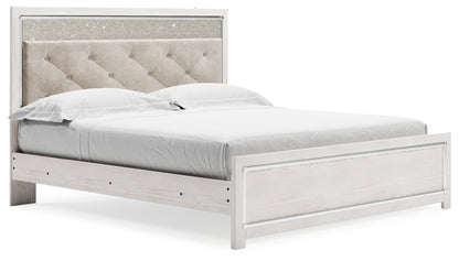 Altyra King Upholstered Panel Bed, Dresser, Mirror, and Nightstand