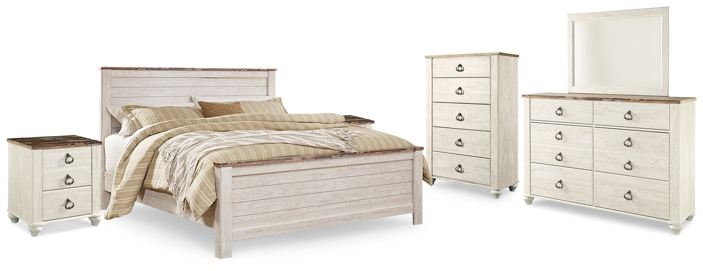 Willowton King Panel Bed, Dresser, Mirror, Chest and 2 Nightstands