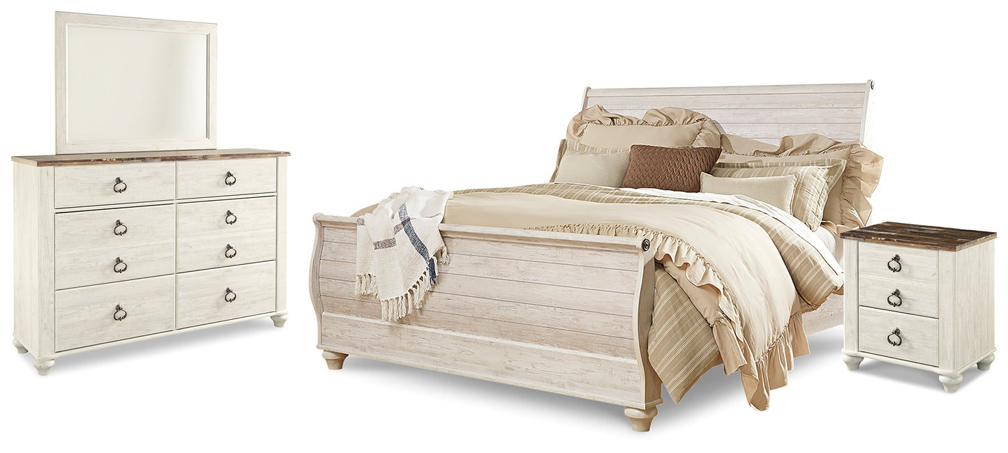 Willowton King Sleigh Bed, Dresser, Mirror and Nightstand